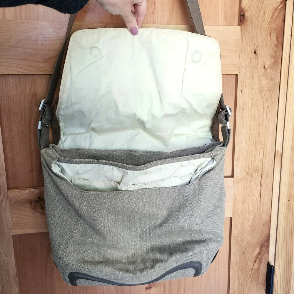 Keen Large Green Brown Leather Canvas Messenger Bag Laptop Book Bag Utility